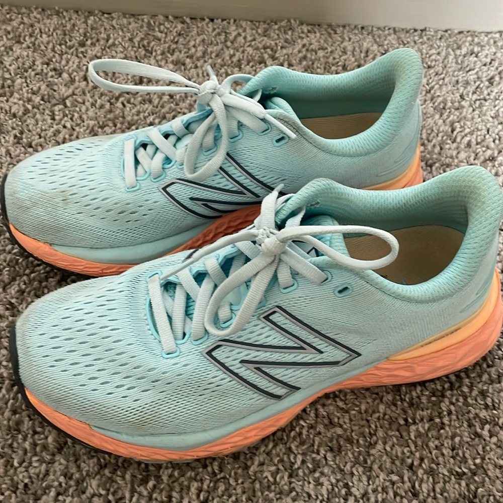 New Balance, fresh foam, blue and orange sneakers, size 7